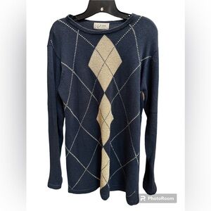 Y2K VINTAGE CEZANNE 1990’s argyle blue gold women's XL Cable Knit Sweater Jumper